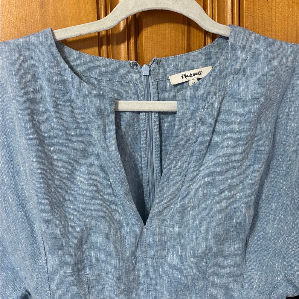 Madewell Splitneck Mini Dress in 100% Linen - Sunfaded Blue - Size 00 - Picture 10 of 15